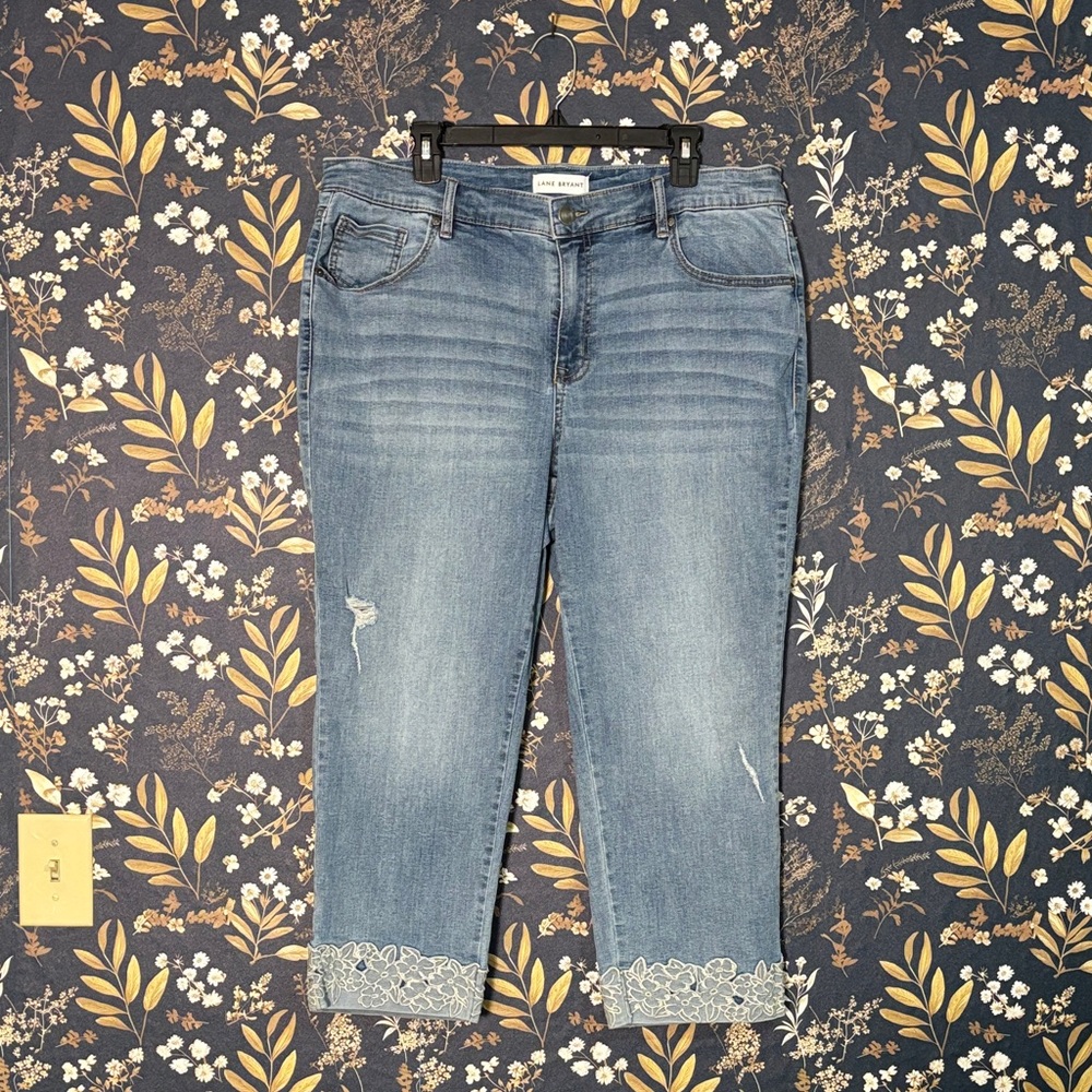 Lane Bryant Blue High Rise Straight Jeans with Floral Embroidered Hem Size 18